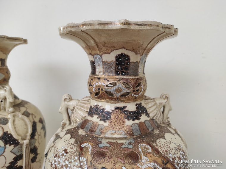 Antique 2 Piece Satsuma Japanese Chinese Porcelain Vase Rose Samurai Motif Gilded Embossed 5414