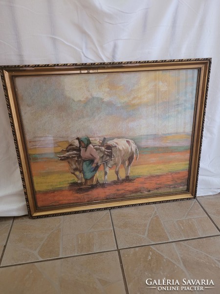 Unknown painter, old lady in the field with two oxen