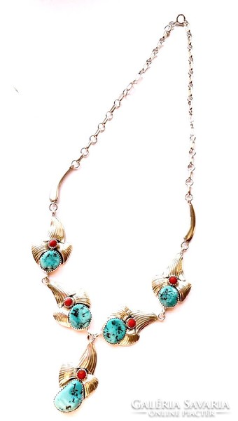 Turquoise and carnelian stone silver necklace