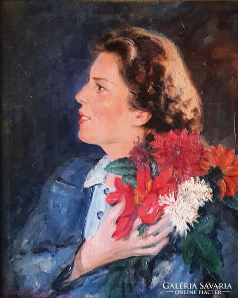 Árpád Bardócz (1882-1938): woman with a bouquet of flowers, 1918