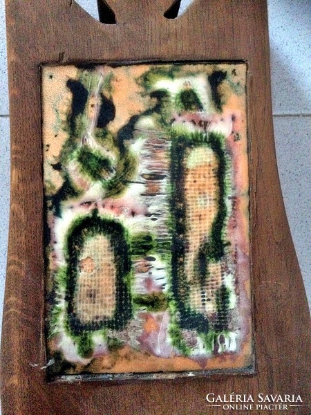 Fire enamel on copper plate, fixed to wood