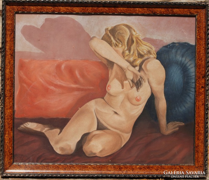 Attila Sassy, Aiglon (1880-1967): Shy Nude - Pastel Painting, Framed