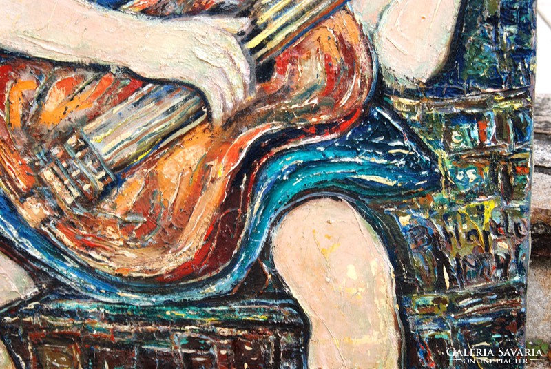 László B. Hajdú (1926-1998): girl playing guitar (guitarist), 1979 - oil on canvas painting