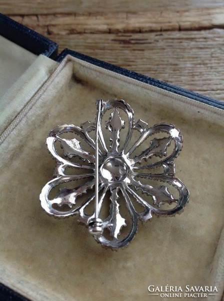 Old Hungarian rhodium-plated silver brooch decorated with marcasite stones