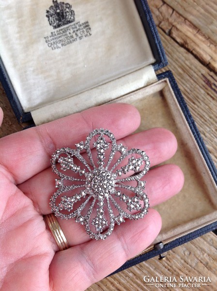 Old Hungarian rhodium-plated silver brooch decorated with marcasite stones