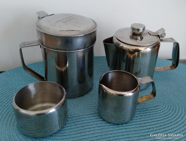 Retro stainless steel (stainless, metal) 4-piece set: coffee maker, tea maker, sugar bowl and milk spout