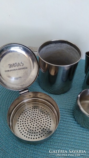 Retro stainless steel (stainless, metal) 4-piece set: coffee maker, tea maker, sugar bowl and milk spout