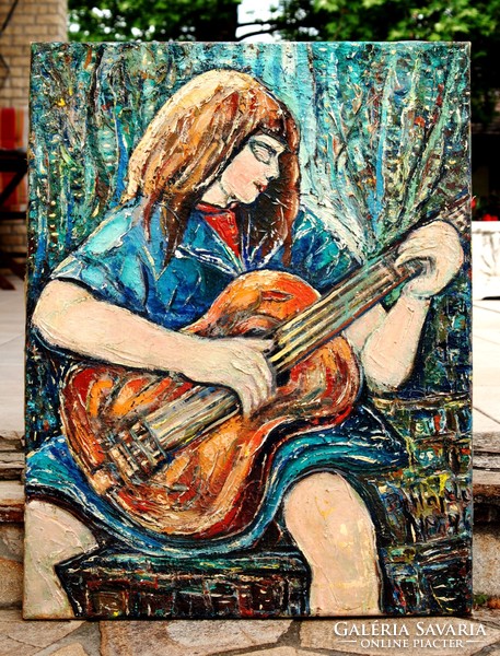 B. Hajdú László (1926-1998): Gitáron játszó lány (Gitáros), 1979 - olaj-vászon festmény