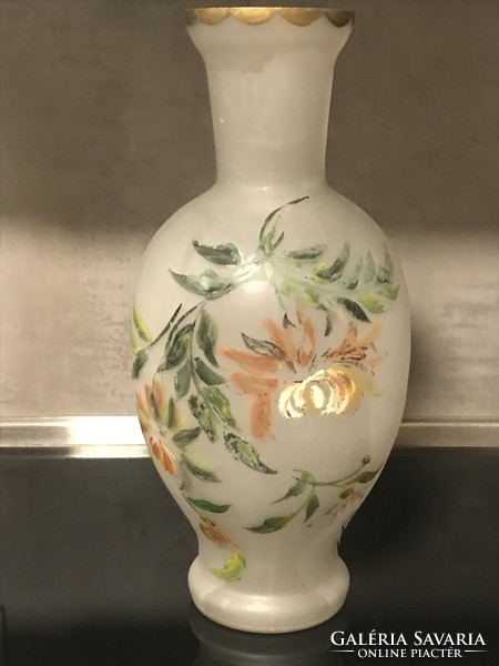 Antique hand-painted, signed acid-etched glass vase, 42 cm high