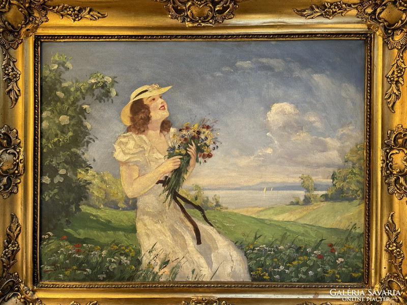 Illencz lipót: young girl with a bouquet of flowers 82x100cm !!!