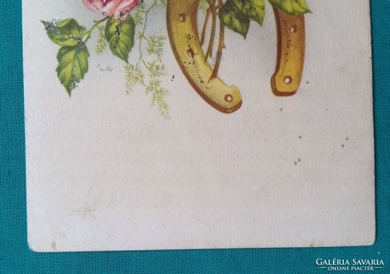 Régi glitteres képeslap "Rózsa, Szerencsepatkó "