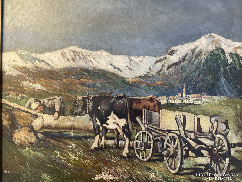 Csortos elek józsef: mountain landscape with ox cart 99,5x116,5cm !!!!