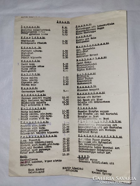 1950-1960 Menu of the restaurant in Balatonszemes