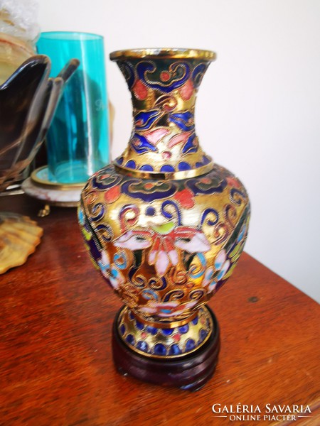 Chinese enamel vase on a gold enamel base