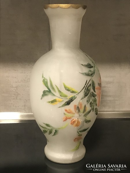 Antique hand-painted, signed acid-etched glass vase, 42 cm high