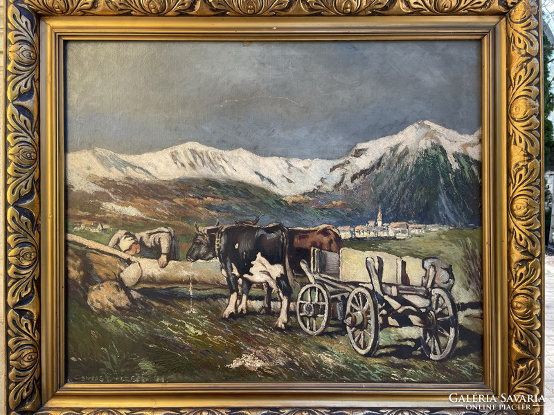 Csortos elek józsef: mountain landscape with ox cart 99,5x116,5cm !!!!