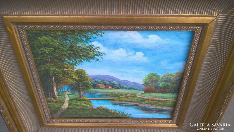 (K) Gyönyörű tájkép festmény házikóval vászon  39x35 cm kerettel