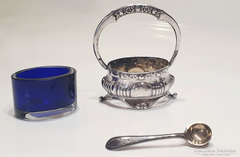 Silver caviar tray, caviar holder with silver spoon, cobalt blue removable glass insert