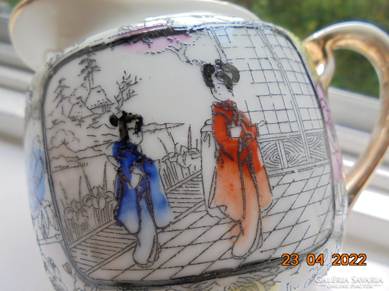 Hand patinated silver enamel painting, two life portraits, hand marked Japanese spout