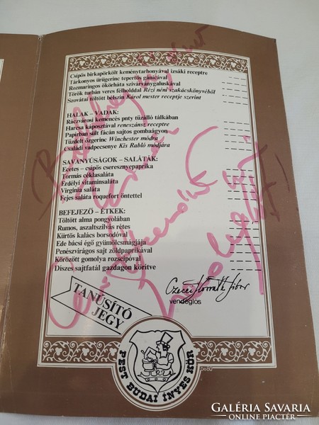 1980. Kis Rabló Vendéglő, Pest- Budai Ínyes Napok alkalmi menüje, viaszpecséttel, tulajdonos aláírás
