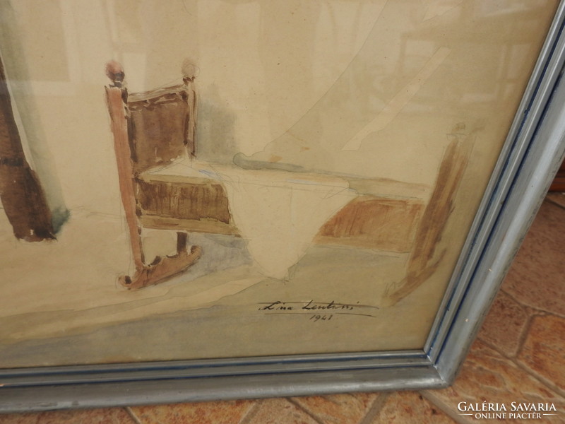 Lina lentini - with room interior cradle - large watercolor from 1942