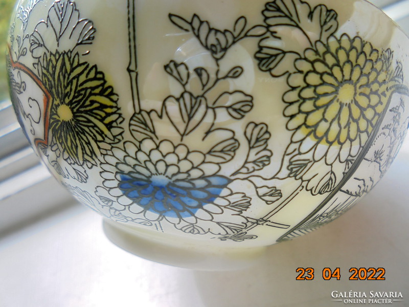 Kézi patinás ezüst zománc festéssel, két életképpel, kézzel jelzett japán tojáshéj teás csésze
