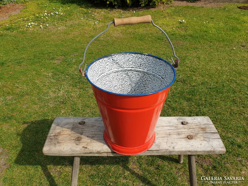 Enameled old vintage water bucket enameled blue red footed bucket jug