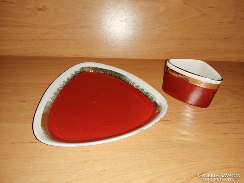 Hollóházi porcelán aranyozott, bordó cigarettázó dohányzó szett 2 részes (3/d)
