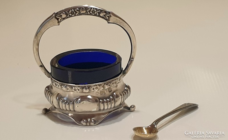 Silver caviar tray, caviar holder with silver spoon, cobalt blue removable glass insert