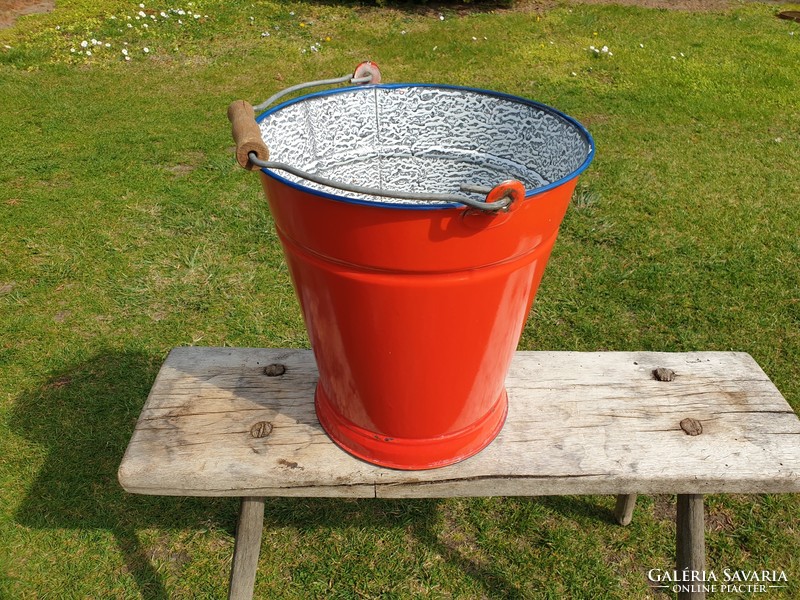 Enameled old vintage water bucket enameled blue red footed bucket jug