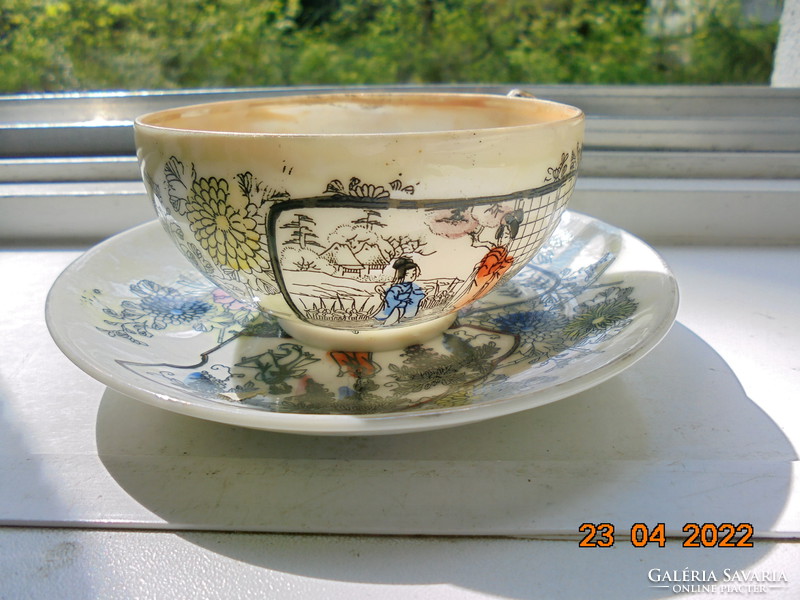 Hand patinated silver enamel painting, two life portraits, eggshell tea cup coaster, hand marked