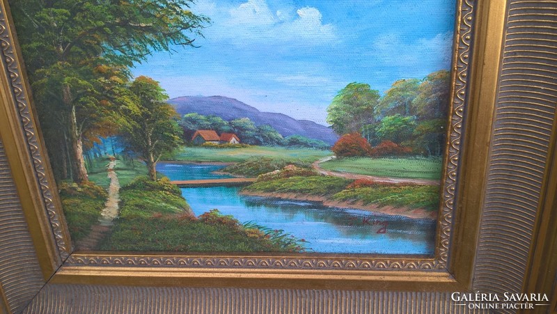 (K) Gyönyörű tájkép festmény házikóval vászon  39x35 cm kerettel