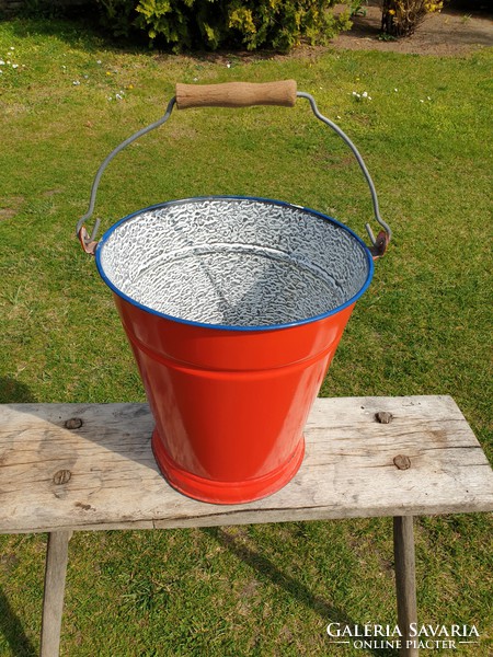 Enameled old vintage water bucket enameled blue red footed bucket jug