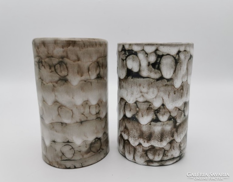 Pair of retro vases in Hódmezővásárhely, Hungarian handicraft ceramics, 16 cm