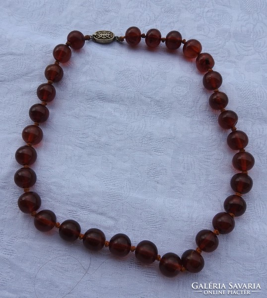 Original old brown amber necklace with silver clasp