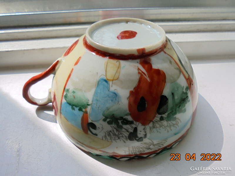 Antik Kutani kívül belül kézzel festett tojáshéj teás csésze 2 életképpel és 1 tájképpel