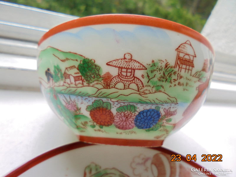 Hand painted tea cup with placemat, pattern of geishas in the Japanese garden