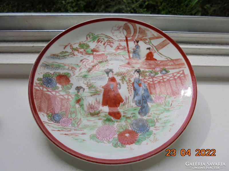 Hand painted tea cup with placemat, pattern of geishas in the Japanese garden