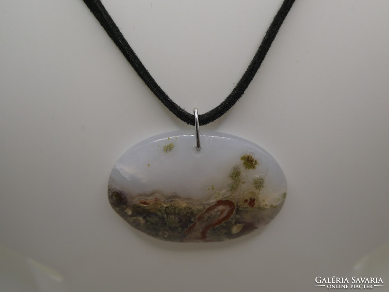Natural dendritic chalcedony moss agate pendant necklace with nickel-free jewelry on leather thread.