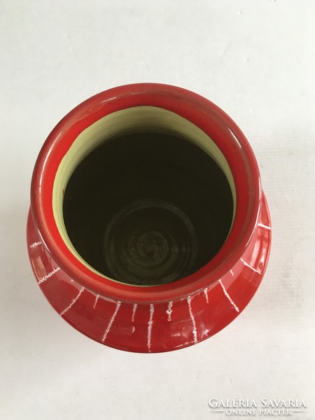 Retro, mid-century modern, piros-fehér különleges mintás, égetett mázas, kerámia váza