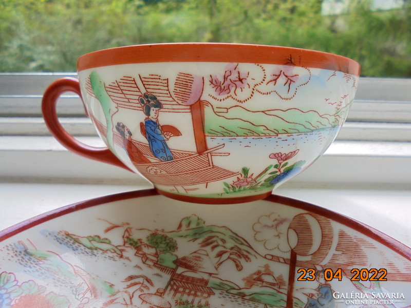 Hand painted tea cup with placemat, pattern of geishas in the Japanese garden