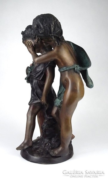 1I461 teasing little girl and little boy large bronze statue pair 39 cm