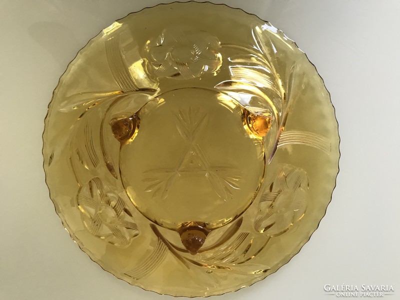 Antique amber three-legged glass serving bowl with flower pattern, 27 cm in diameter