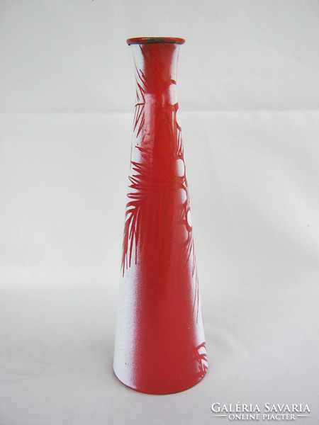 Red and white enamel enameled metal retro vase