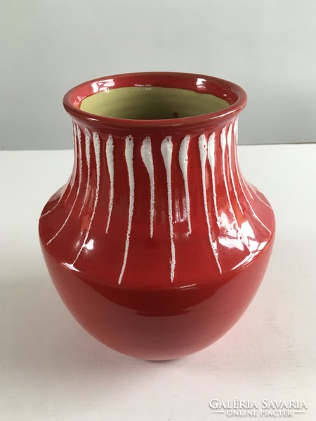 Retro, mid-century modern, red and white special pattern, fired glaze, ceramic vase
