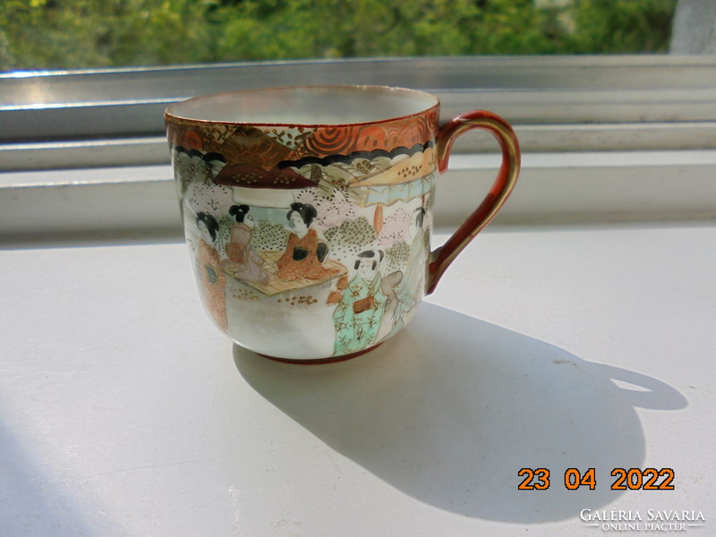 Meiji artistically painted multi-inhabited life picture with panoramic landscape coffee cup with spectacular hand signal