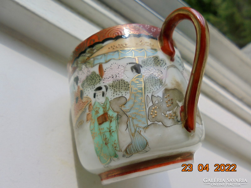 Antik rendkívül finom művészi sokalakos életkép panorámás tájjal Satsuma kávés csésze kézi jelzéssel