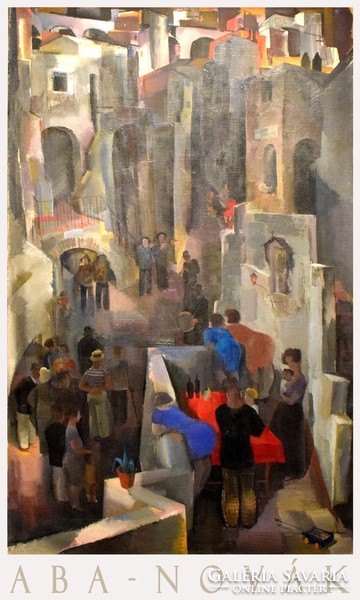 Aba-novák vilmos field music 1929, art poster, street musician street scene alley mediterranean cityscape