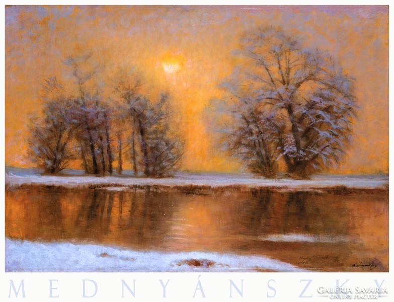 László Mednyánszky winter riverside at dusk, art poster, winter landscape snow sunset