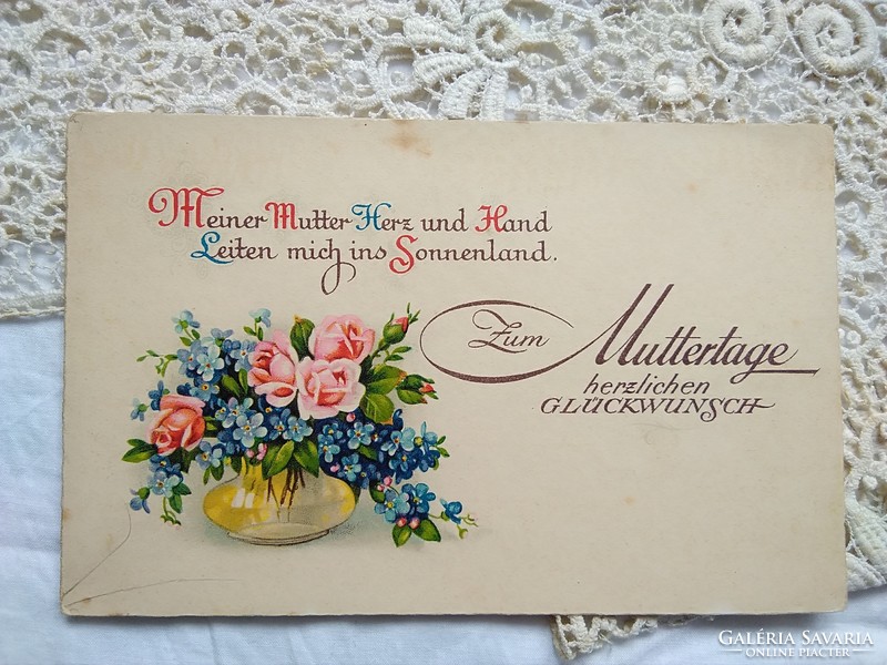 Antik litho/litográfiás képeslap/üdvözlőlap nefelejcs, rózsacsokor Anyák Napja 1900 körüli